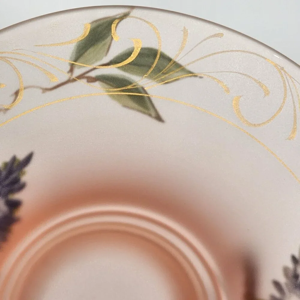 Pink Frosted Glass Bowl Hand Painted Purple Lavender Floral w/Gold Accents VTG